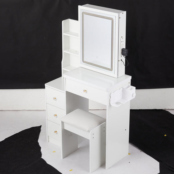 English Elm 29.2" Stylish Compact Vanity Table Set With Led Mirror, Usb Ports, Hair Dryer Bracket & Stool W936P226042
