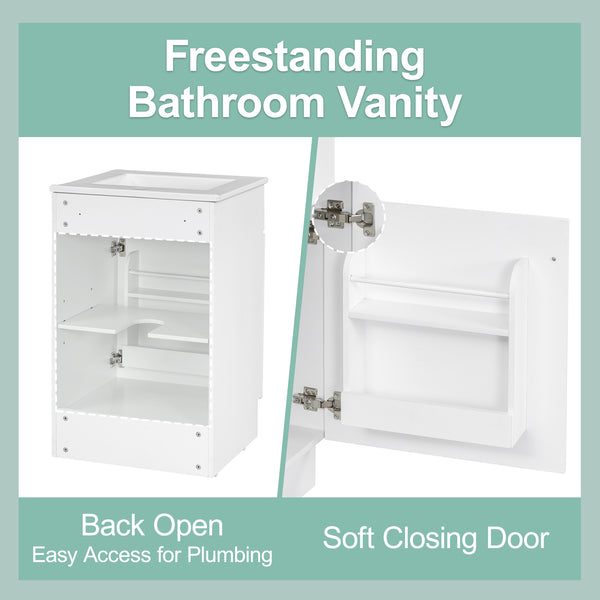 English Elm Christopher Knight Home® - 20" Bathroom Vanity with Ceramic Sink and Soft-Close Door, Gold Knob, Adjustable Shelf Storage White N759P237946K