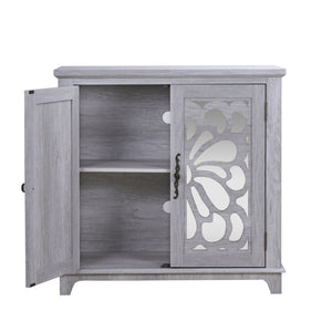 English Elm Elegant Mirrored Sideboard with Butterfly Carved Doors Wood Grain Finish Dining Storage Light Gray W2899P372740