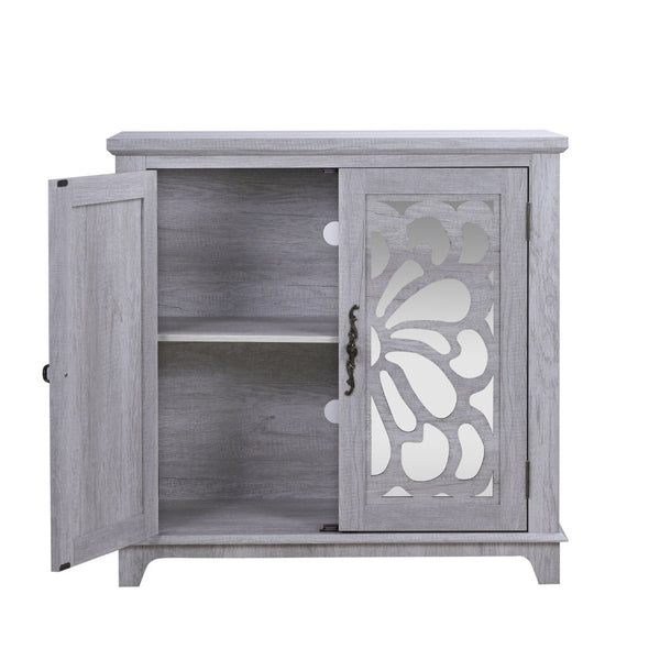 English Elm Elegant Mirrored Sideboard with Butterfly Carved Doors Wood Grain Finish Dining Storage Light Gray W2899P372740