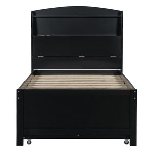 English Elm Twin LED Platform Bed with Trundle and Under-Storage Drawers, Flip-Up Headboard, USB Ports Espresso N820S10008D