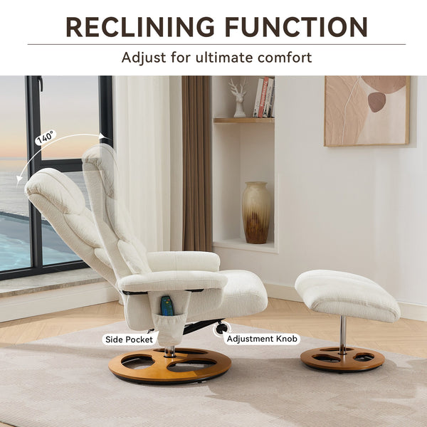 English Elm 010-Ergonomic Recliner Chair with Ottoman — 360° Swivel Lounge, Chenille Comfort, Heated Seat, Massage, Adjustable Backrest White W2636P262424