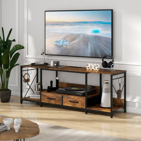 English Elm There TV Stand with LED Lights, Power Outlets & 2 Fabric Drawers for 55-75" TVs, App-Controlled Ambience and Ample Storage Light Brown Multi W2977P224347