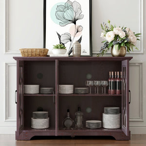 English Elm 48.66" Wide Tempered Glass Door Buffet Sideboard with Adjustable Shelves Dark Finish Ox Blood Red W2899P372746