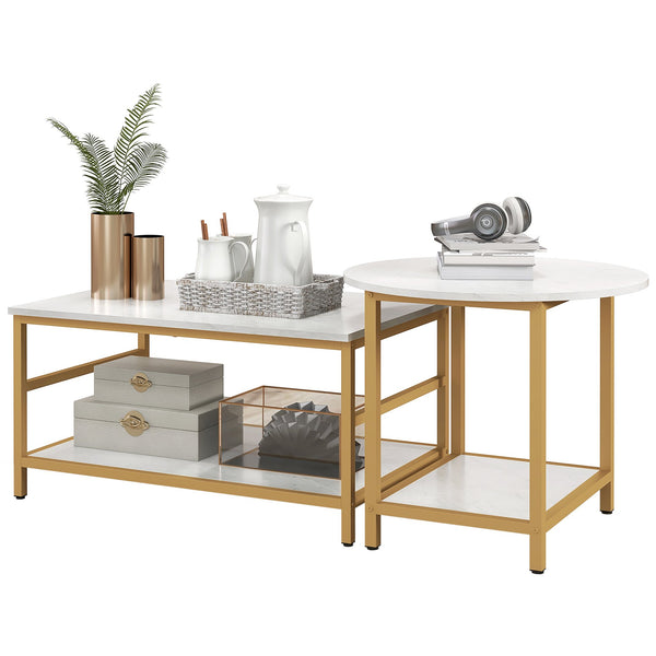English Elm HOMCOM Modern 2-Piece Marble Top Coffee Table Set with Gold Steel Frame and 2-Tier Storage Shelves White W2225P200534
