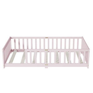 English Elm Twin Size Floor Bed With Safe Guardrails - Durable Rubberwood, Eco-Friendly Pink Design For Kids W504P286399-GIGA