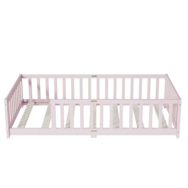 English Elm Twin Low Profile Rubberwood Floor Bed with Full Safety Fence for Toddler Rooms Pink W504P429338