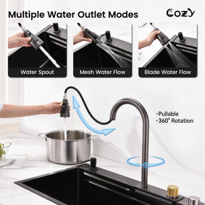 English Elm Waterfall Pull-out Faucet Workstation Sink Matte Black 304 Stainless Steel Prep Basin T3177P286040