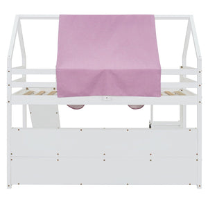 English Elm Twin House Loft Bed with Tent Canopy Slide and Shelves Pinewood Kids Frame White LT000682AAK