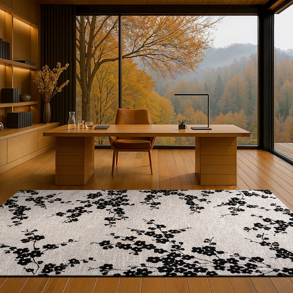 Louis de Poortere Sakura Floral Area Rug Transitional Cherry Blossom Design for Living Room or Bedroom Night Snow 7'9 x 11'2 120103