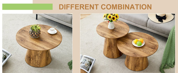 English Elm Nested Round Coffee Table Set Two Piece Wood Grain Veneer for Living Room or Office W2920S00112
