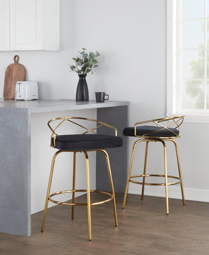English Elm 26"/art Deco Tufted Velvet Swivel Counterstools with Gold Base for Kitchen Bar Set of 2 B202S02148