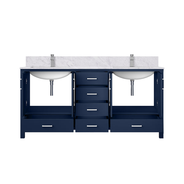 English Elm Navy Double Bath Vanity 72" W x 22" D with Carrara Marble Top, Chrome Faucet, Soft-Close Storage (96) B2731P259114