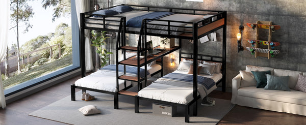 English Elm Twin Triple Bunk Bed Black Metal Frame with Built-in Storage Stairs and Shelves W1580S00620