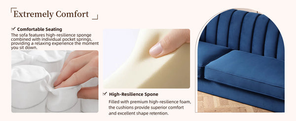 English Elm FX-P81-BK2 Modern Chesterfield Sofa Velvet Upholstery with Gold Metal Legs and Channel Tufting Elegance Blue W576S00088