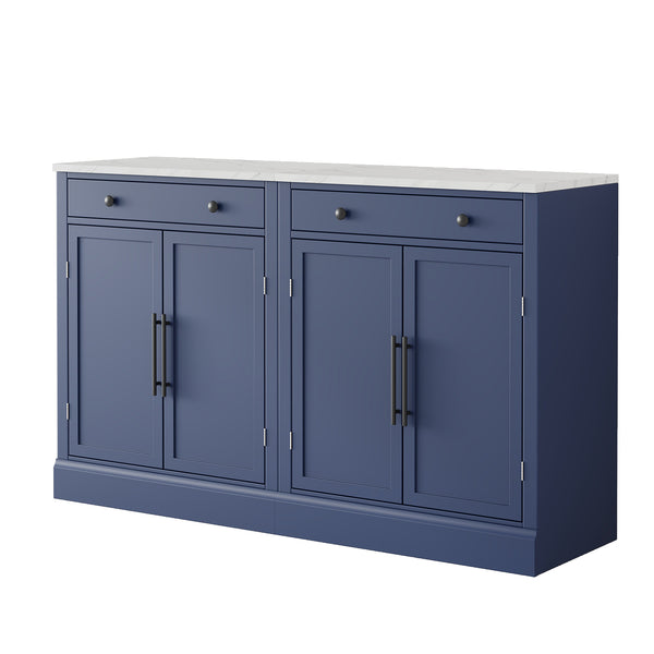 English Elm [Assembly Modern Freestanding Kitchen Pantry with Faux Marble Top, Set of 2 Cabinets with Drawer, Adjustable Shelves, Sleek Durable Design for Dining Room and Coffee Bar Blue SP000074AAC