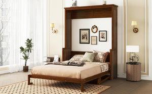English Elm Queen Murphy Wall Bed with Integrated Desk Gas Strut Lift White Cabinet for Small Spaces Walnut W504S00226