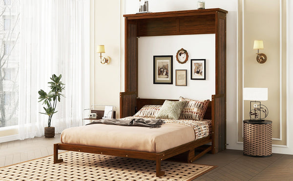 English Elm Queen Murphy Wall Bed with Integrated Desk Gas Strut Lift White Cabinet for Small Spaces Walnut W504S00226