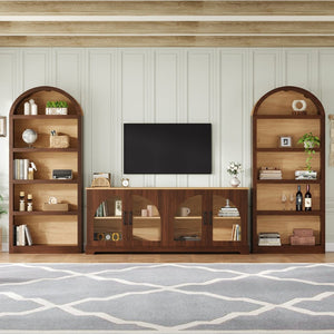 English Elm 3-piece Farmhouse Entertainment Center with Arched Glass Doors and Open Tower Shelving Walnut N721S000070P