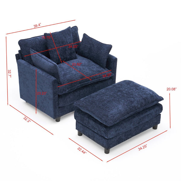 English Elm 39.4" Chenille Club Chair with Ottoman Solid Wood Frame Contemporary Living Room Seat Blue W3244P427715