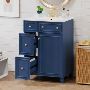 English Elm 24-Inch Bathroom Vanity Cabinet with Ceramic Sink, Space-Saving Storage, Solid Wood Feet, Durable Finish Blue WF532034AAC