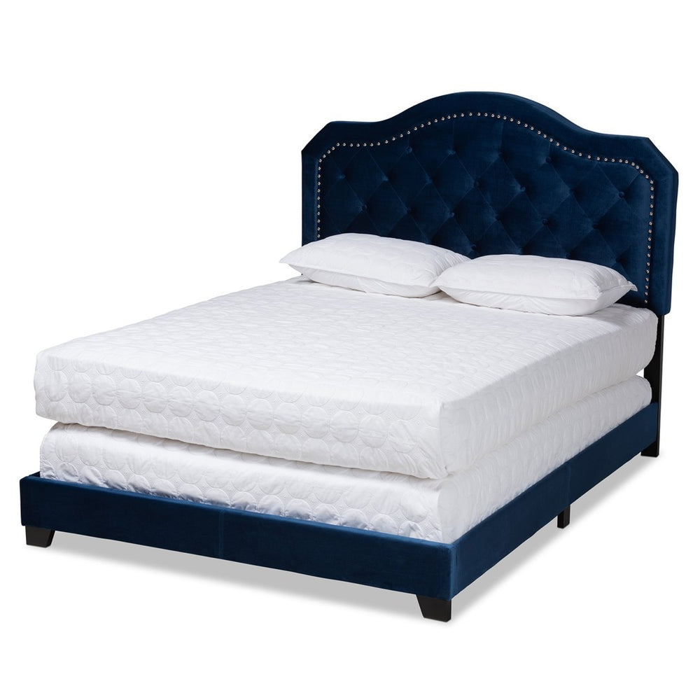 Baxton Studio Baxton Studio Samantha Navy Velvet Queen Bed with Button Tufting & Silver Nail Head Trim for Glam Style Samantha-Navy Blue-Queen