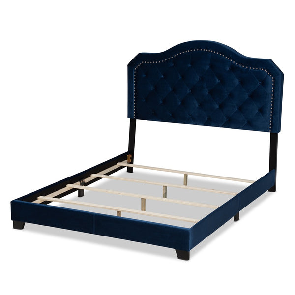 Baxton Studio Baxton Studio Samantha Navy Velvet Queen Bed with Button Tufting & Silver Nail Head Trim for Glam Style Samantha-Navy Blue-Queen