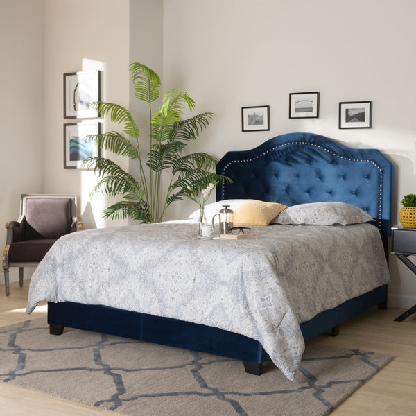 Baxton Studio Baxton Studio Samantha Navy Velvet Queen Bed with Button Tufting & Silver Nail Head Trim for Glam Style Samantha-Navy Blue-Queen