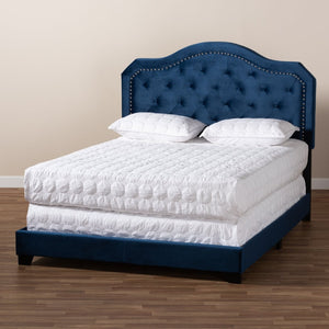 Baxton Studio Baxton Studio Samantha Navy Velvet Queen Bed with Button Tufting & Silver Nail Head Trim for Glam Style Samantha-Navy Blue-Queen
