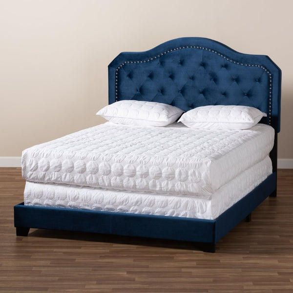 Baxton Studio Baxton Studio Samantha Navy Velvet Queen Bed with Button Tufting & Silver Nail Head Trim for Glam Style Samantha-Navy Blue-Queen