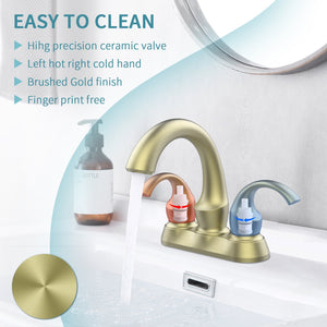 English Elm Bathroom Faucet 2-Handle Brushed Gold Swan Style - Modern Centerset Sink Fixture With Drain & Hoses T3177P277484