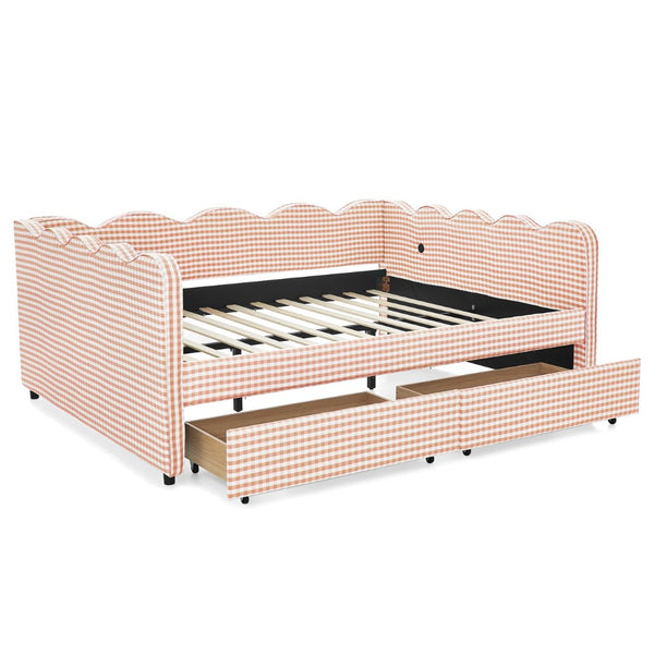 English Elm Queen Gingham Linen Daybed with Wave Backrest Two Storage Drawers and Usb Port Pink W1413S00150