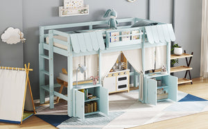 English Elm Twin Loft Bed Cottage-Style Playhouse with Built-In Bookshelf, Curtain & Storage, Safe Guardrails Light Blue W1580S00357