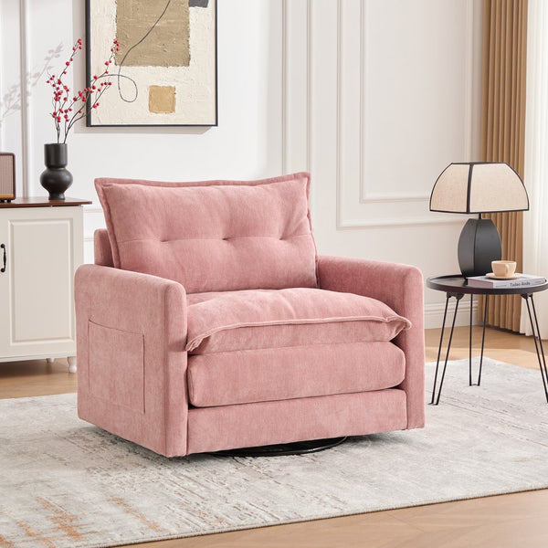 English Elm UNITED Swivel Barrel Chair with Chenille Upholstery, 360° Smooth Rotation, Padded Arm Comfort and Side Pockets for Living Room Relaxation Pink W1568P290091