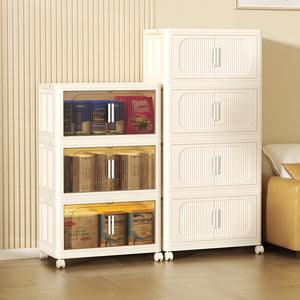 English Elm Cream White 5-Tier Folding Storage Cabinet With Magnetic Door & Wheels – Versatile Space-Saving Solution W2873P239386