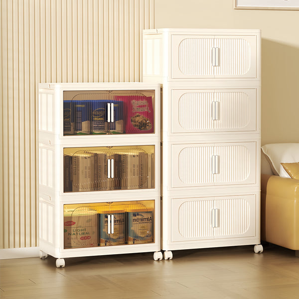 English Elm Cream White 5-Tier Folding Storage Cabinet With Magnetic Door & Wheels – Versatile Space-Saving Solution W2873P239386