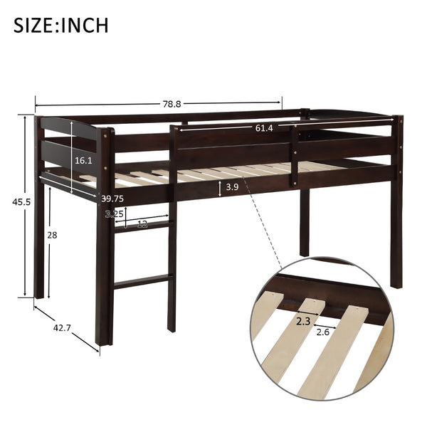 English Elm Twin Low Loft Bed Solid Pine Frame with Walnut Finish and Open Floor Space Below N708P340482P