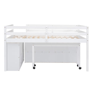 English Elm Full Size Kids Loft Bed Pinewood Frame Dual Study Desks Drawers and Open Shelving White LT000369AAK