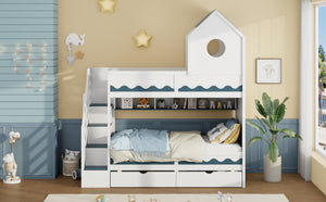 English Elm Twin Over Kids Bunk Bed with Castle Roofline Led Lights and Staircase Storage White N820S00068K