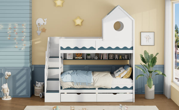 English Elm Twin Over Kids Bunk Bed with Castle Roofline Led Lights and Staircase Storage White N820S00068K