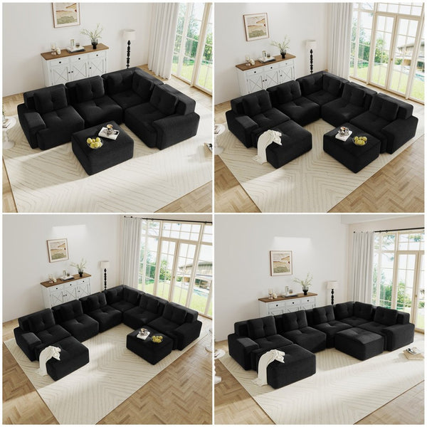 English Elm Modern Corduroy Sectional Sofa Deep Seat V Shape Tufted Couch with Movable Ottoman Black W714S01585