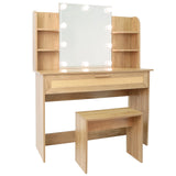 English Elm Vanity Desk Set Stool & Dressing Table With Led Lighting Mirror Drawer and Compartments Modern Wood Cosmetic Table Chest Of Drawers Nature Color