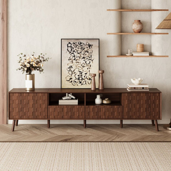 English Elm 78 Inch Walnut Entertainment Center Fluted Doors Solid Wood Legs for Living Room N710P372591P