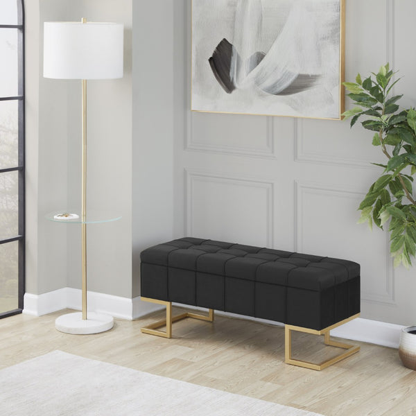 English Elm Storage Bench with Button Tufted Velvet Seat and Gold Tapered Legs for Bedroom B202P471510