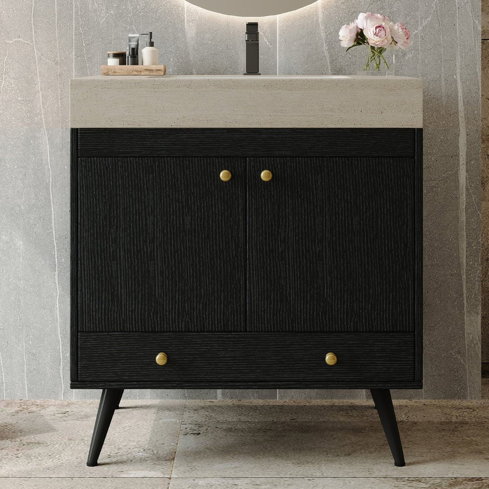 English Elm Contemporary Freestanding Bathroom Vanity Sintered Stone Top Ceramic Sink Floating Cabinet W3136S00061