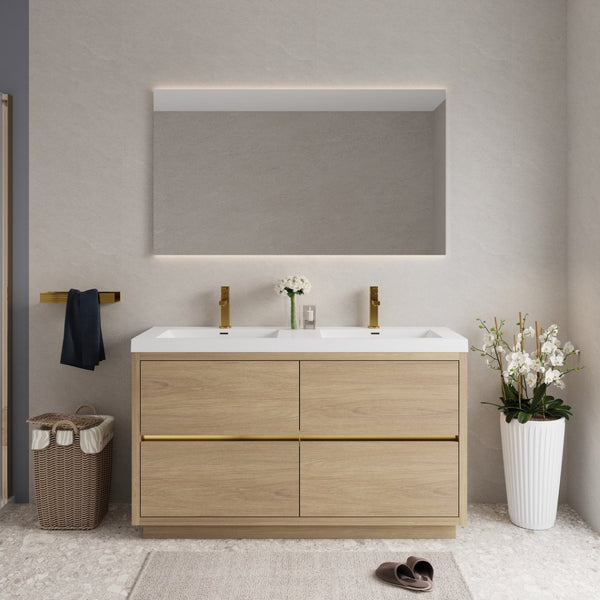 English Elm 60'' Floating Wall Mount Vanity Dual Quartz Basins Smoked Walnut Fluted Cabinet Oak W1920P385559