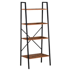 English Elm Wooden Four Tier Ladder Bookcase Steel Frame Rustic Brown Shelving for Any Room T3971P386152