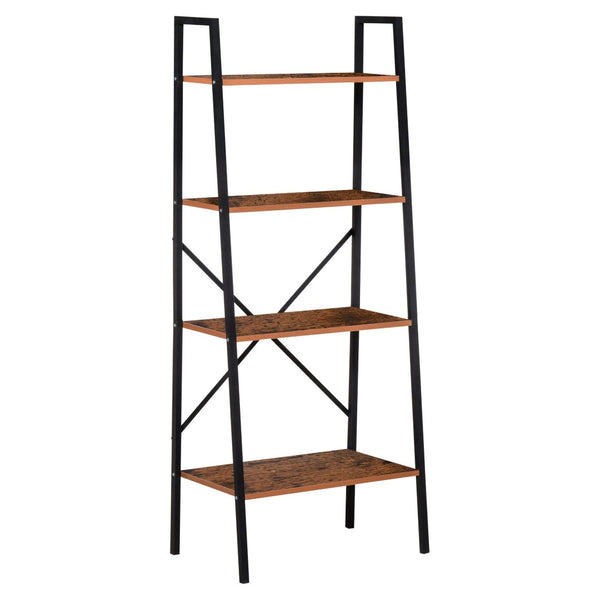 English Elm Wooden Four Tier Ladder Bookcase Steel Frame Rustic Brown Shelving for Any Room T3971P386152