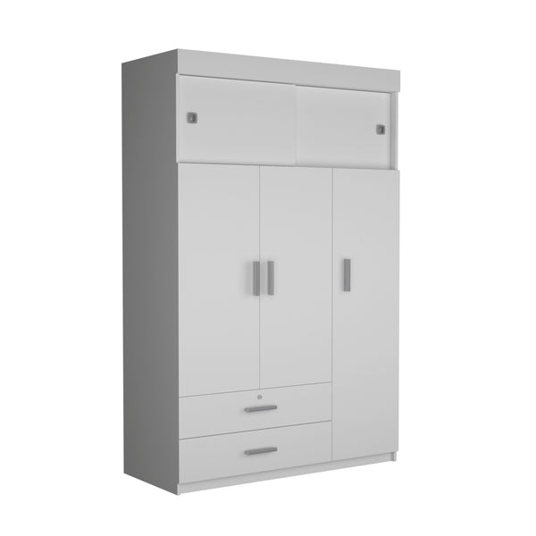 English Elm Tucson White Armoire with Hanging Rod & 2 Large Bottom Drawers, Compact 3-Door Wardrobe Design B128S00095
