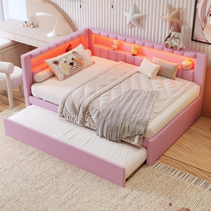 English Elm Upholstered Full Platform Bed with Trundle, Built-In USB Ports & LED Accent, Linen Upholstery Pink DL001925AAH